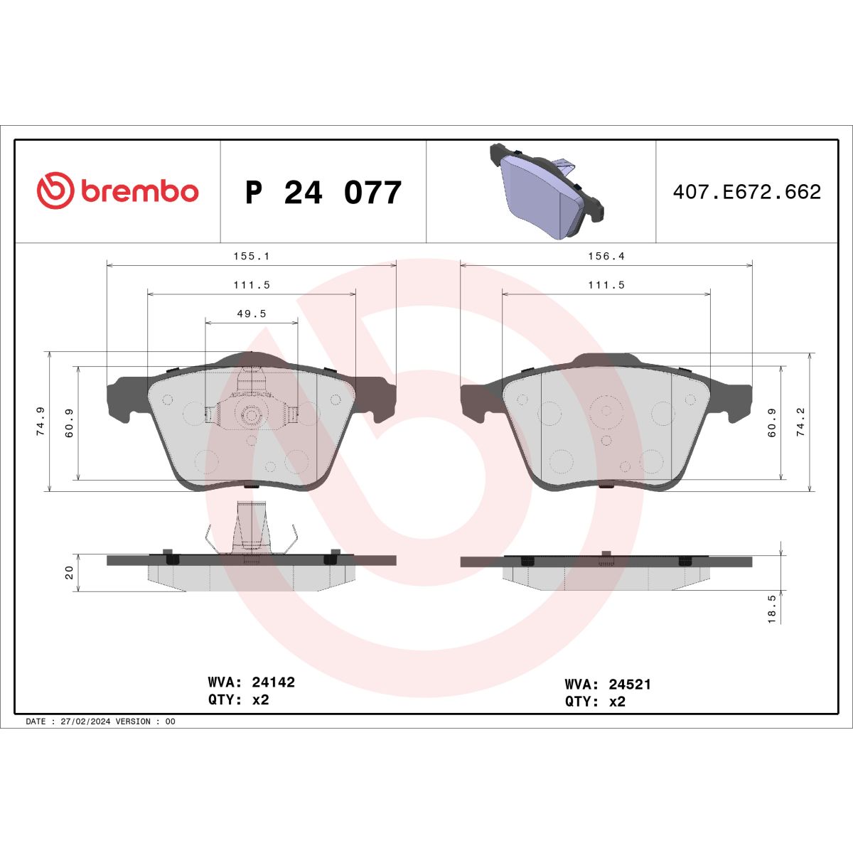 Jarrupalat, levyjarru BREMBO P 24 077X
