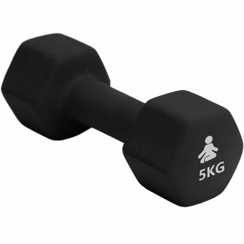 Käsipaino 5 kg neopreenipinnoitteella ja kuusikulmaisella muodolla