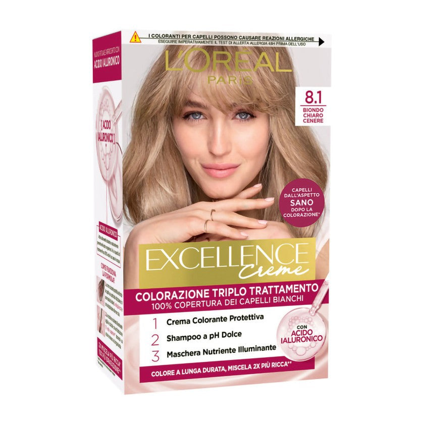 L'Oréal Paris Excellence -kolmoishoitoväri, vaalea tuhkanvaalea (8.1).