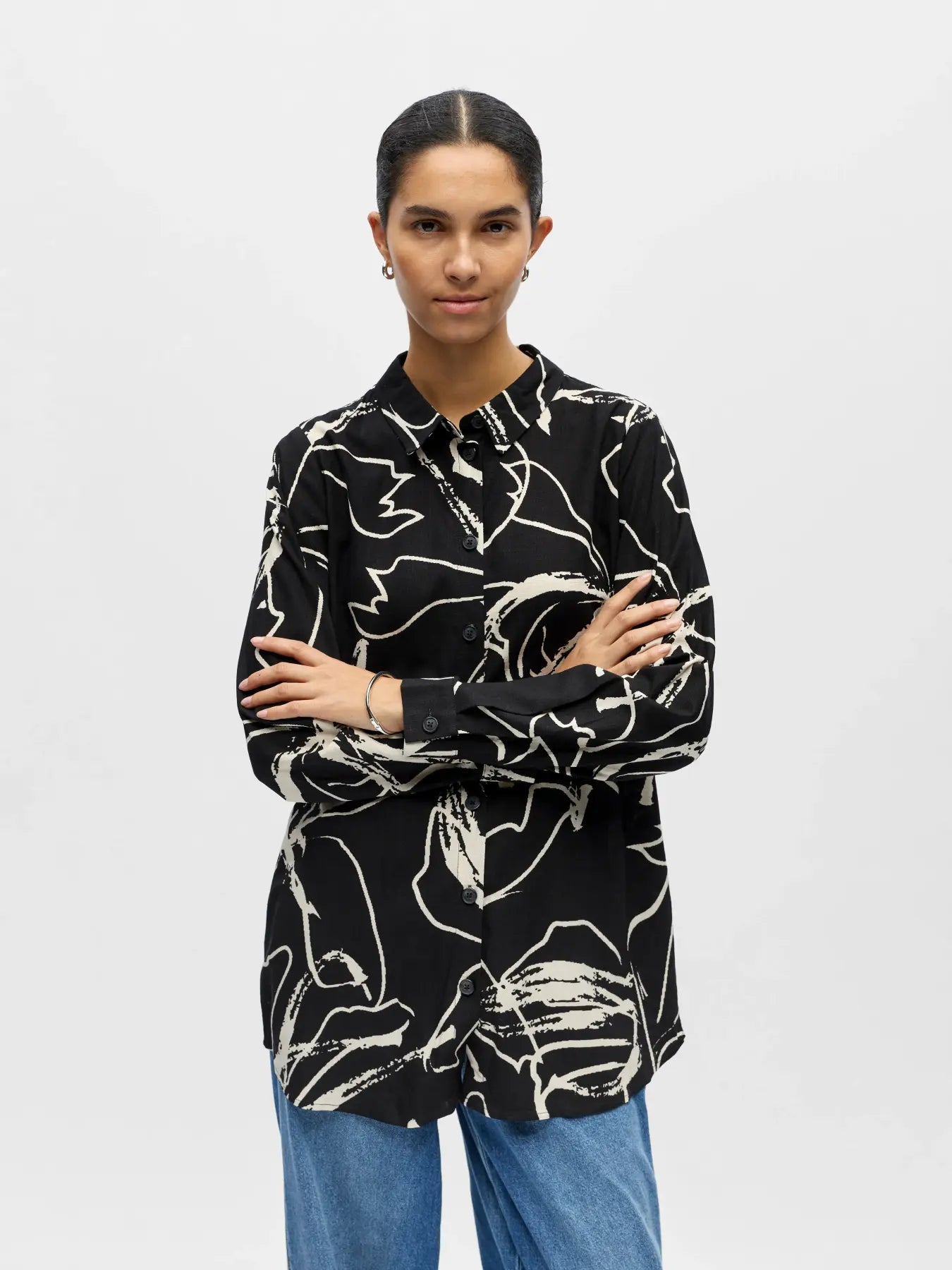 Object naisten paitapusero OBJSanne L/S Shirt, musta kuviollinen