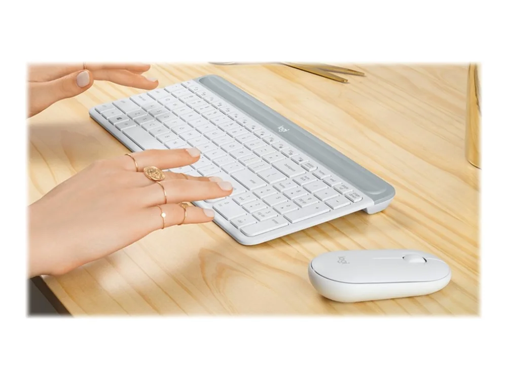 Logitech Slim MK470, Täysikokoinen (100 %), Langaton, Langaton RF, QWERTY, Valkoinen, Sisältää hiiren