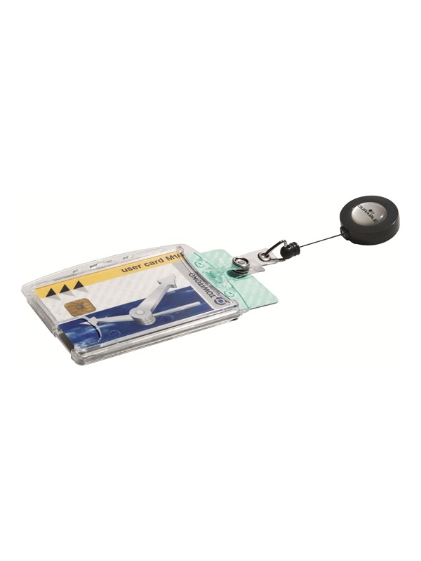 DURABLE ID card hold. ENCLOSED bdg. reel 2 cards
