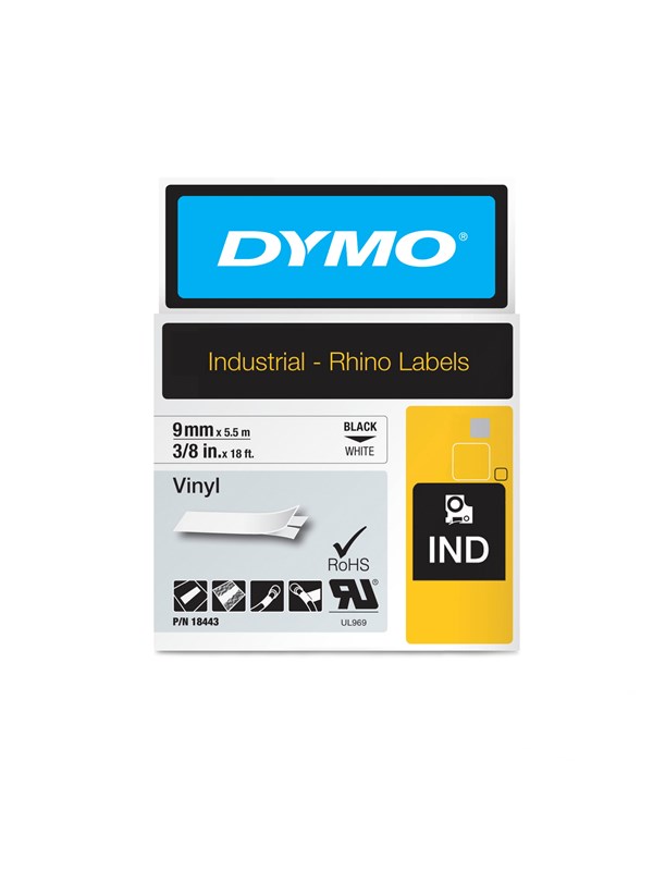 DYMO Rhino -vinyyliteipit, 9 mm x 5,5 m, musta / valkoinen, itseliimautuva