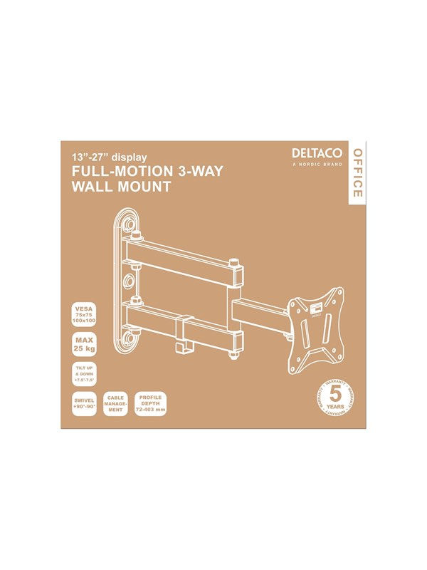 DELTACO OFFICE näytön seinäteline, 13"-27", 25kg, 75x75-100-100