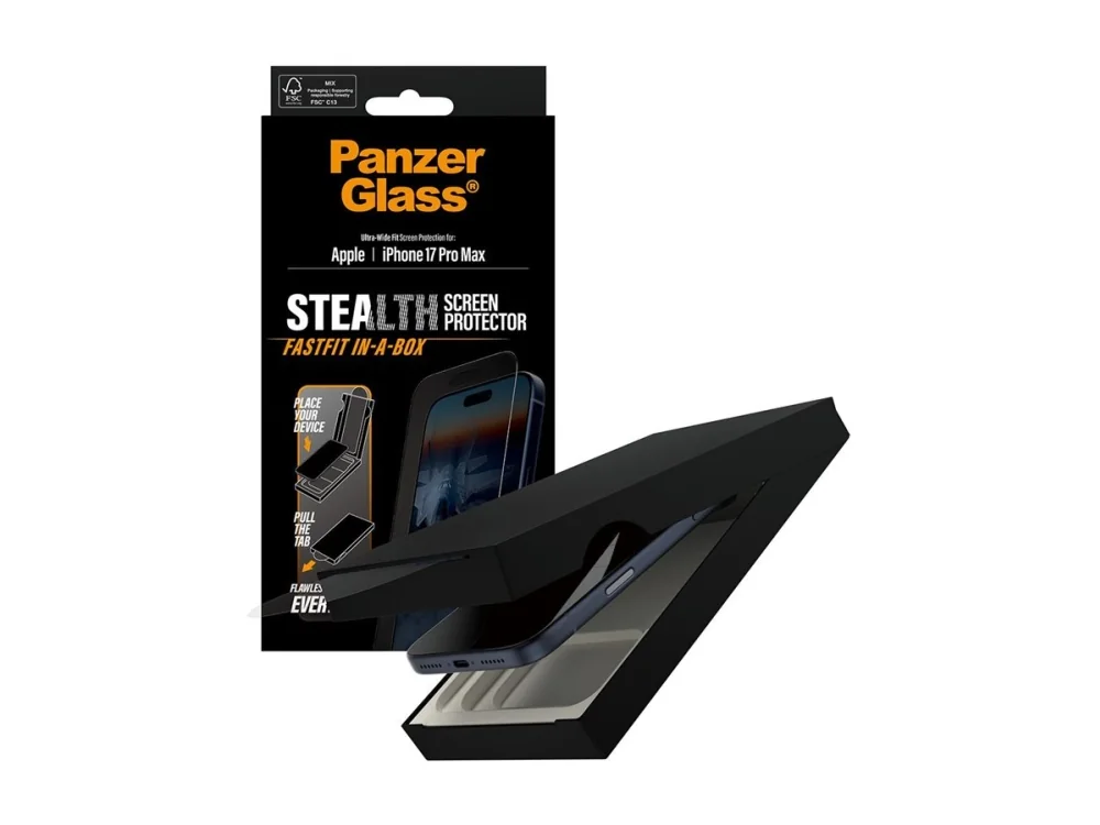PanzerGlass Stealth Screen Protector w. Black Frame iPhone 17 Pro Max | Ultra-Wide Fit w. FASTFIT IN-A-BOX