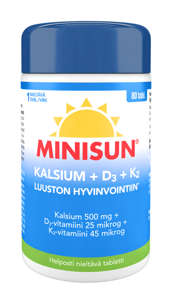 Minisun Kalsium+D 25 mikrog+K2 45 mikrog 80 tabl (kalsium 500 mg)