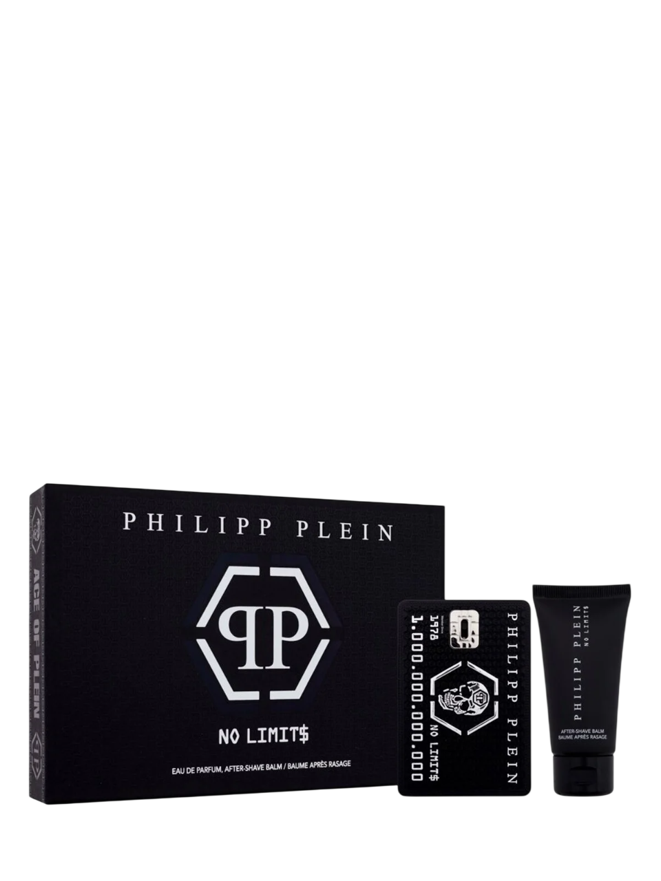 Setti Philipp Plein: No Limits, Eau De Parfum, miehille, 50 ml + No Limits, Kosteuttava balsami, parranajon jälkeen, 50 ml