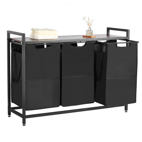 VEVOR 3 Section Laundry Sorter, Large Laundry Hamper with Metal Frame and Wooden Tabletop, Freestanding Storage Organizer Baskets with Pull-Out 600D Oxford Cloth Bags for Dirty Clothes, Bathroom