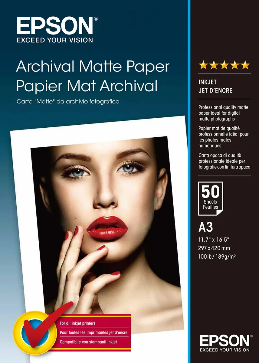 Epson Archival Matte Paper, A3, 50 arkkia, 189 g/m2, Matta, 192 g/m², A3, Valkoinen, Paper, 50 arkkia