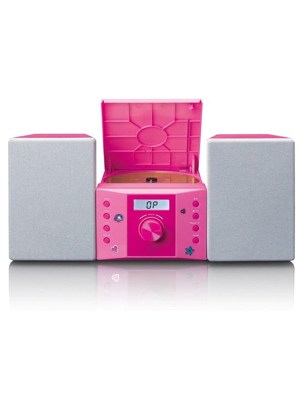 Vaaleanpunainen mikrostereosetti, jossa CD-soitin, FM-radio ja AUX-tulo