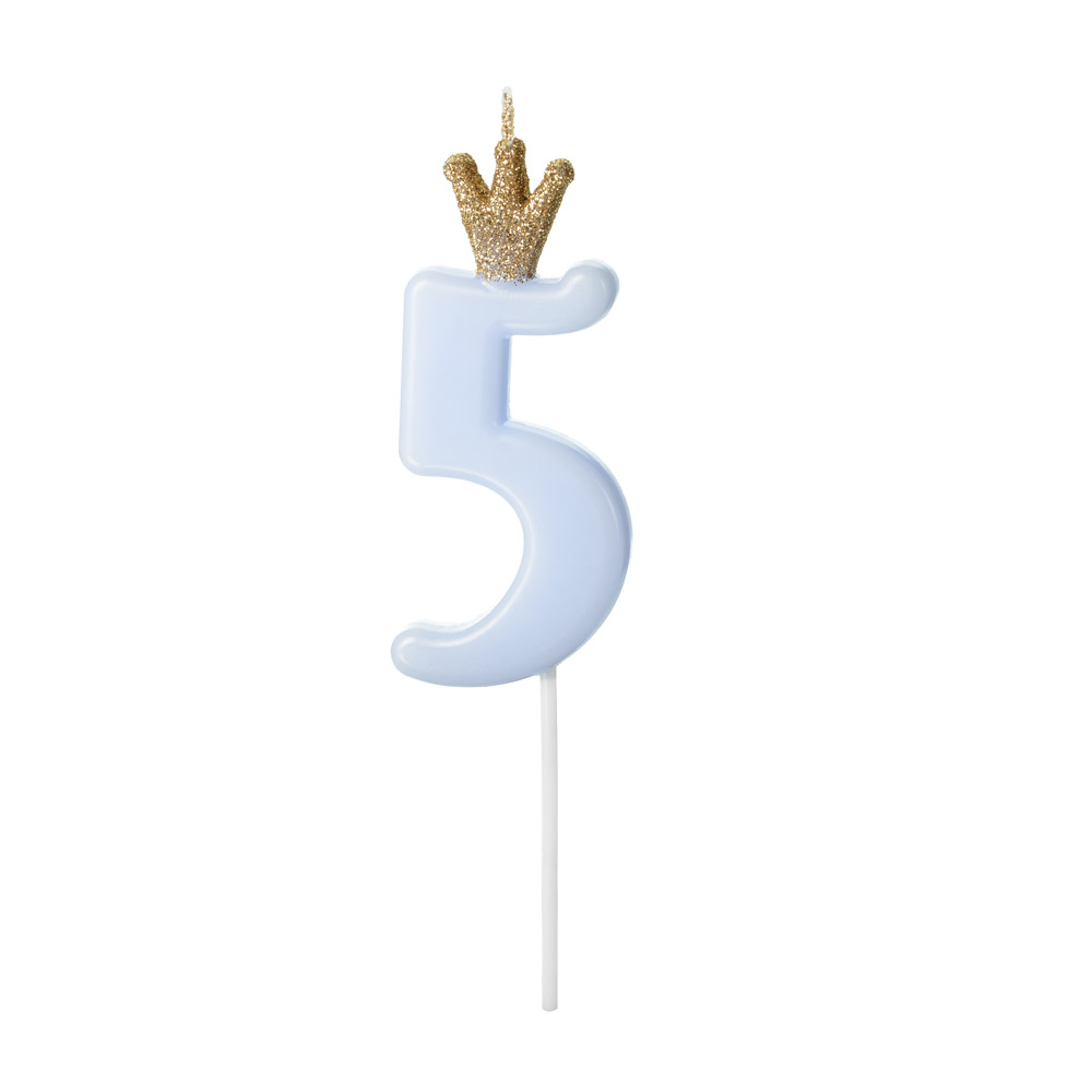 Sininen Kruunullinen Numerokakkukynttilä - Numero 5