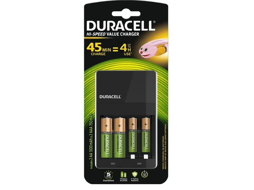 Duracell CEF14, Nikkelimetallihybridi (NiMH), Ylikuumeneminen, Oikosulku, Alijännite, AA, AAA, 4 kpl, Sisältää paristot