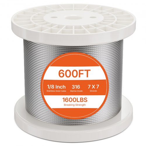 VEVOR Wire Rope Kit, 1/8" 600 ft 316 Stainless Steel Cable with Cutter and Gloves, 1600 lbs Breaking Strength, 7x7 Strands Construction Marine Aircraft Grade for Handrail Stair Decking Fence Outdoors