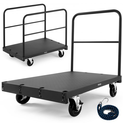 VEVOR Drywall Cart Dolly, 816 kg Load Capacity, 2-in-1 Steel Panel Truck Cart with 12.5 mm Swivel Casters, 91.4 x 61 cm Platform Truck with 3 Side Handrails for Factory, Warehouse, Garage, Black