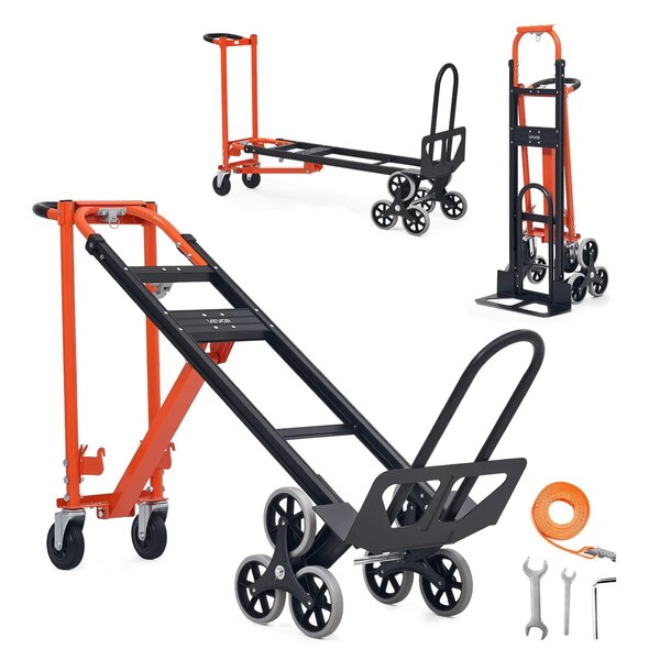 VEVOR 3 in 1 Industrial Convertible Stair Climbing Cart, 350 kg Max Load, Folding Hand Truck Dolly with Handle & Wheels, Stair Climbing Utility Trolley for Transport & Moving, Orange & Silver