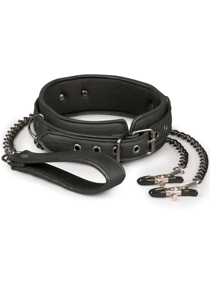 Easytoys Leather Collar With Nipple Chains Kaulapanta nänninipistimillä