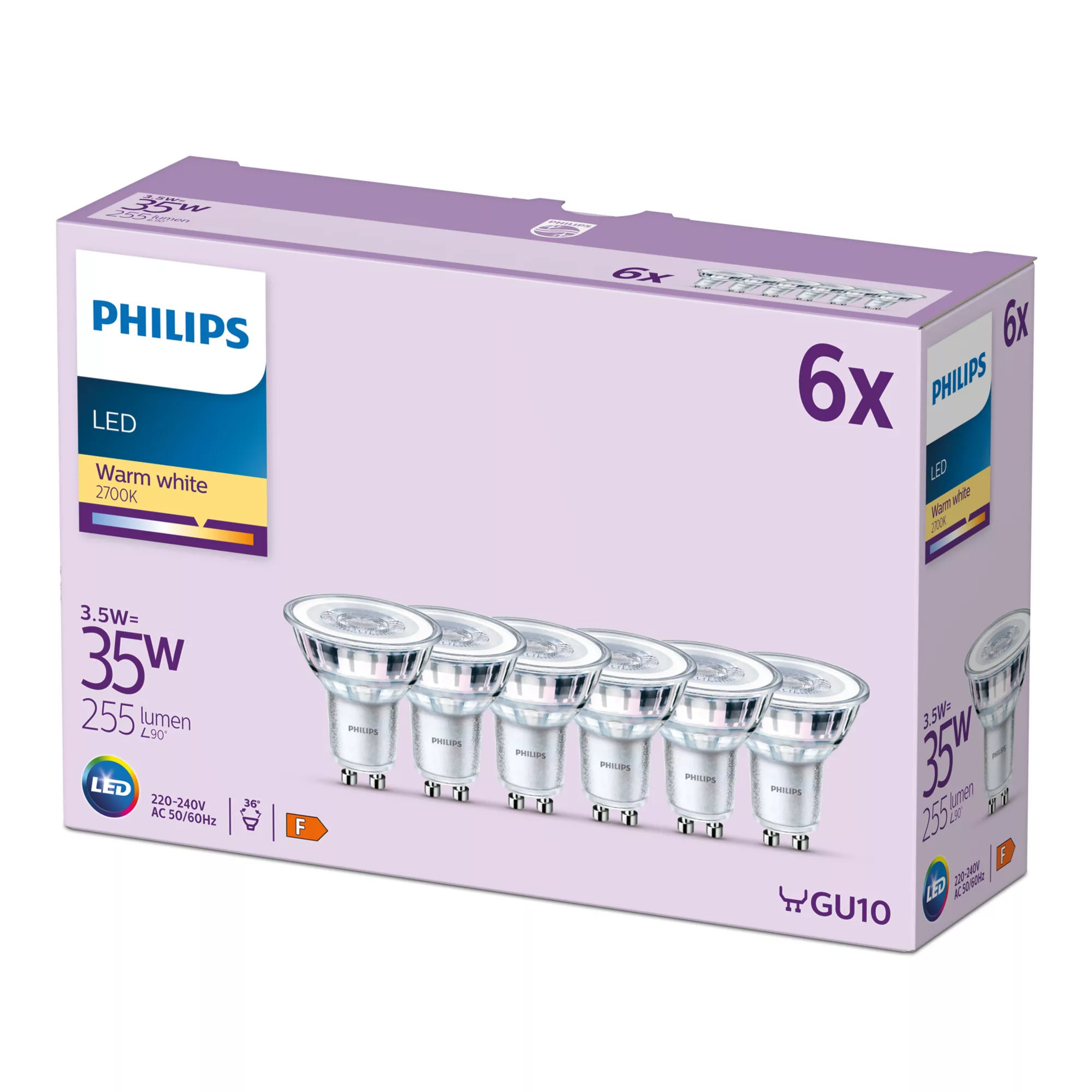 Philips Kohdelamppu 35W PAR16 GU10 x6, 3,5 W, 35 W, GU10, 255 lm, 15000 h, Lämmin valkoinen