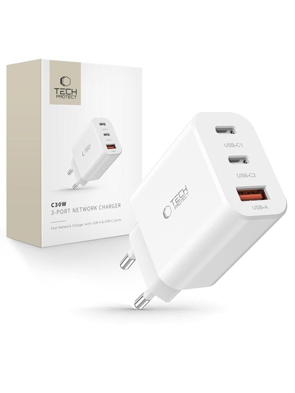 Ladowarka Tech-Protect TECH-PROTECT NC30W 3-PORT NETWORK CHARGER PD30W/QC3.0 WHITE
