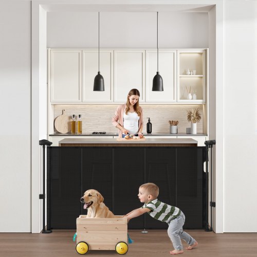 VEVOR Retractable Baby Gate, 870 mm Tall, Extends up to 1400 mm Wide, Retractable Gate for Kids or Pets, Mesh Material, Easy to Install for Indoor Stairs, Doorways, Hallways, Playrooms, Black