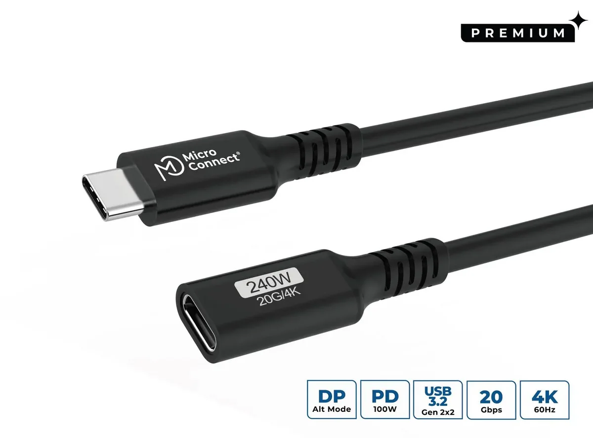 Premium USB-C-kaapelin jatke 2m 10Gbps, 100W, USB 3.2 Gen