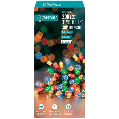 Premier 200 LED-paristokäyttöinen monivärinen valoketju - 20 metriä