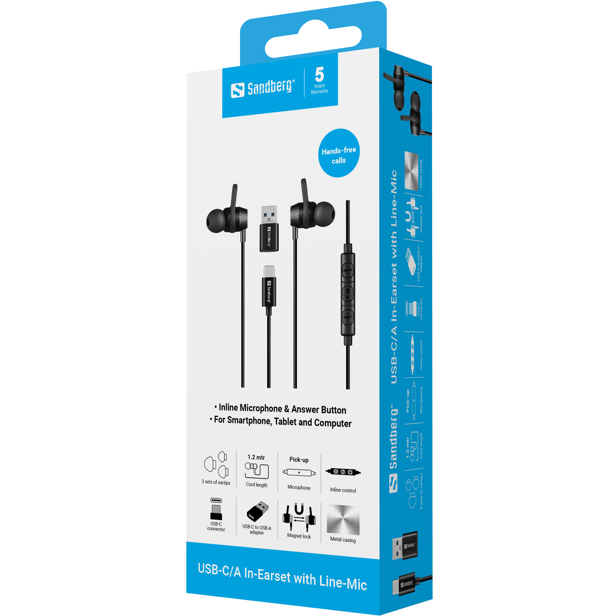 Sandberg USB-C/A In-Earset -kuulokemikrofoni + USB-A-sovitin, musta