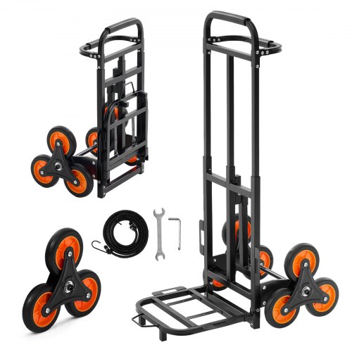 VEVOR Stair Climbing Cart, 100 kg Stair-Climbing Capacity, Heavy-Duty Folding Trolley Cart with Telescoping Handle, 6 Wheels and 2 Bungee Cords, Stair Climber Dolly for Home, Groceries, Warehouse
