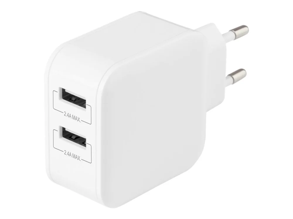 Deltaco USB-seinälaturi, 2x USB-A, 4,8A, 24W, valkoinen, Sisätila, AC, Valkoinen