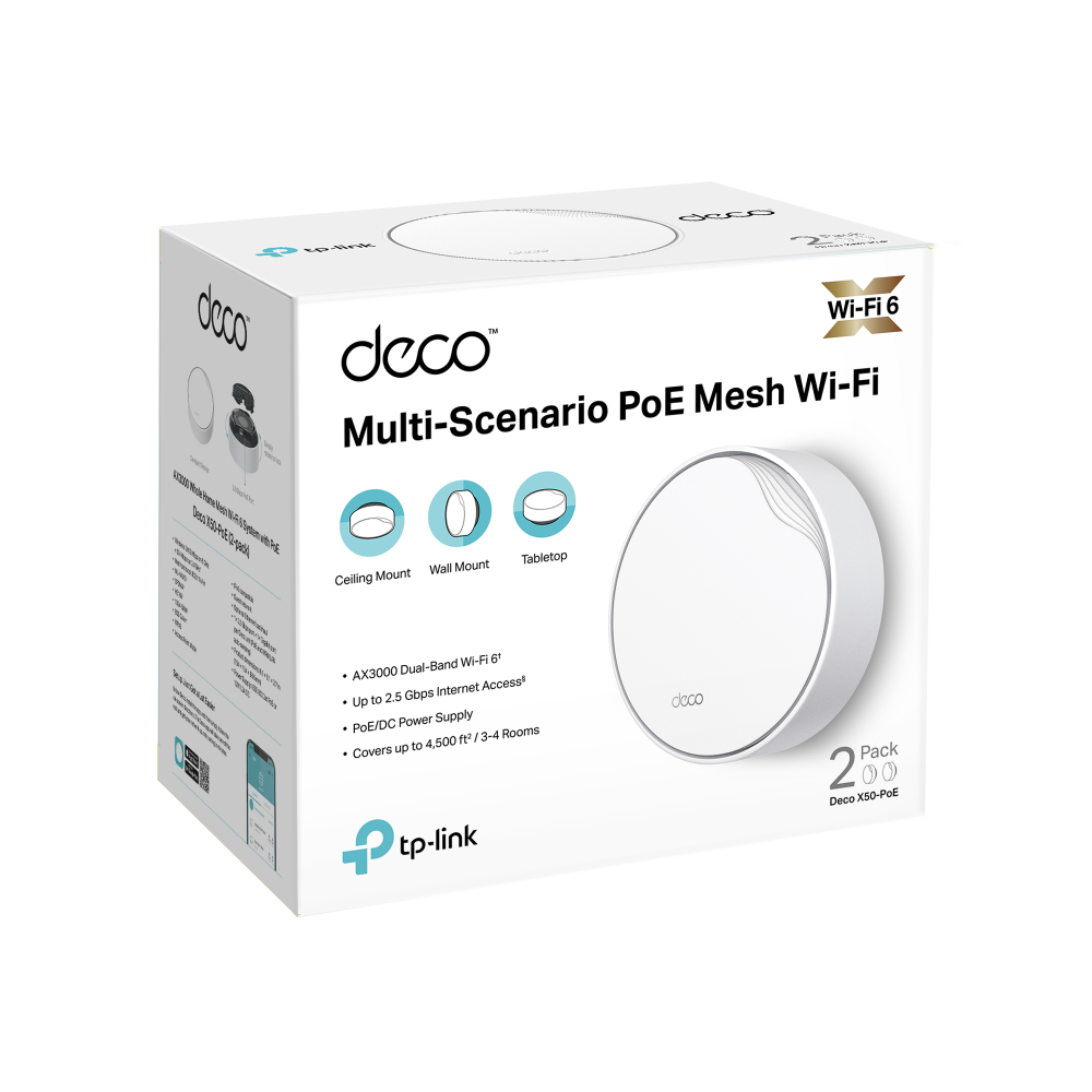 TP-Link Deco X50-PoE -mesh WiFi -järjestelmä, Wi-Fi 6, AX3000, Dual-band, 2 kpl, PoE, valkoinen