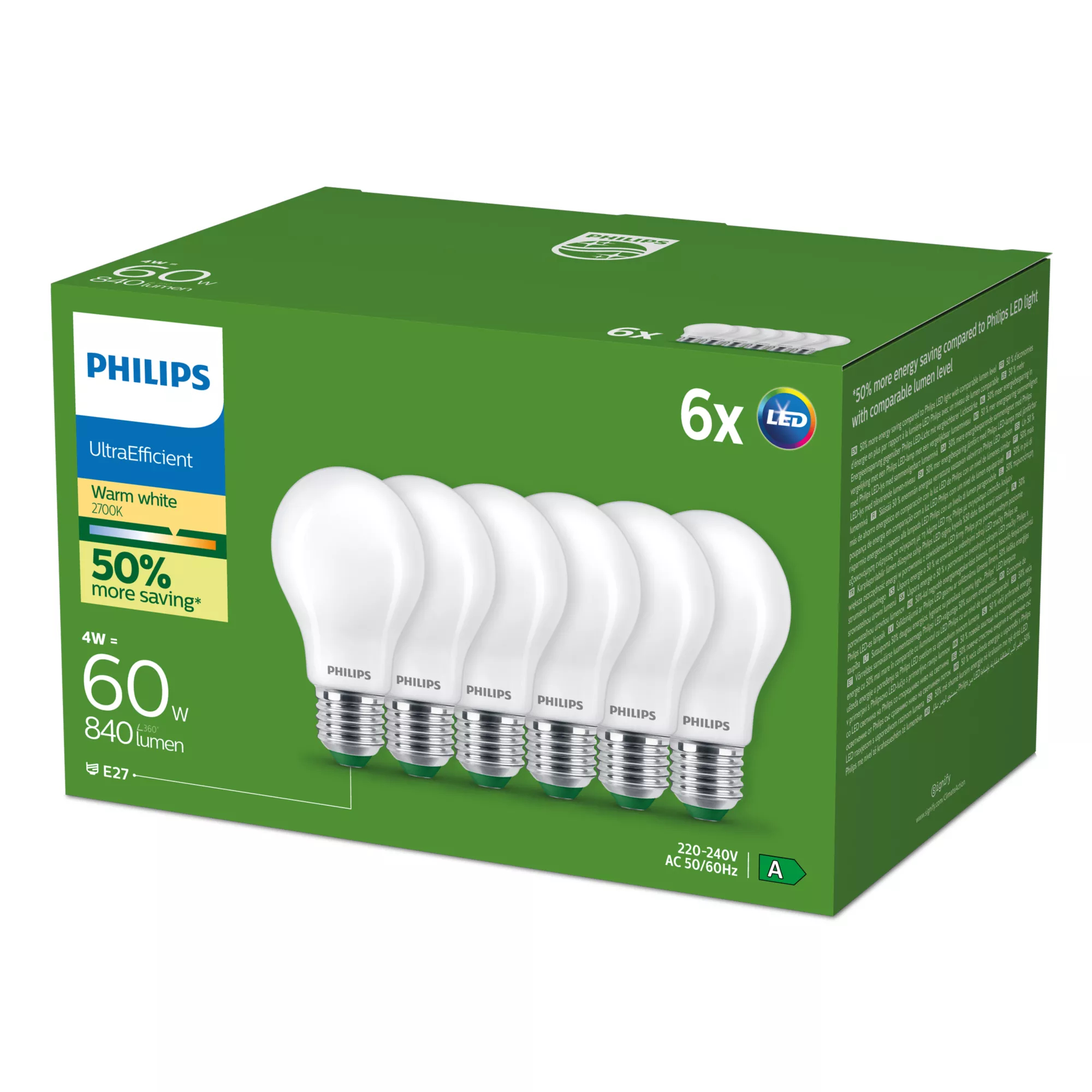 Philips E27 LED-lamppu A60 4W 840lm 2700K opaali 6 kpl:n pakkaus