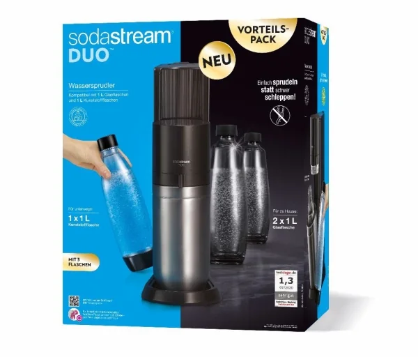 SodaStream DUO, Sort, Rustfrit stål, Glas, 1 L, 60 L, 155 mm, 280 mm, 155 mm, 280 mm