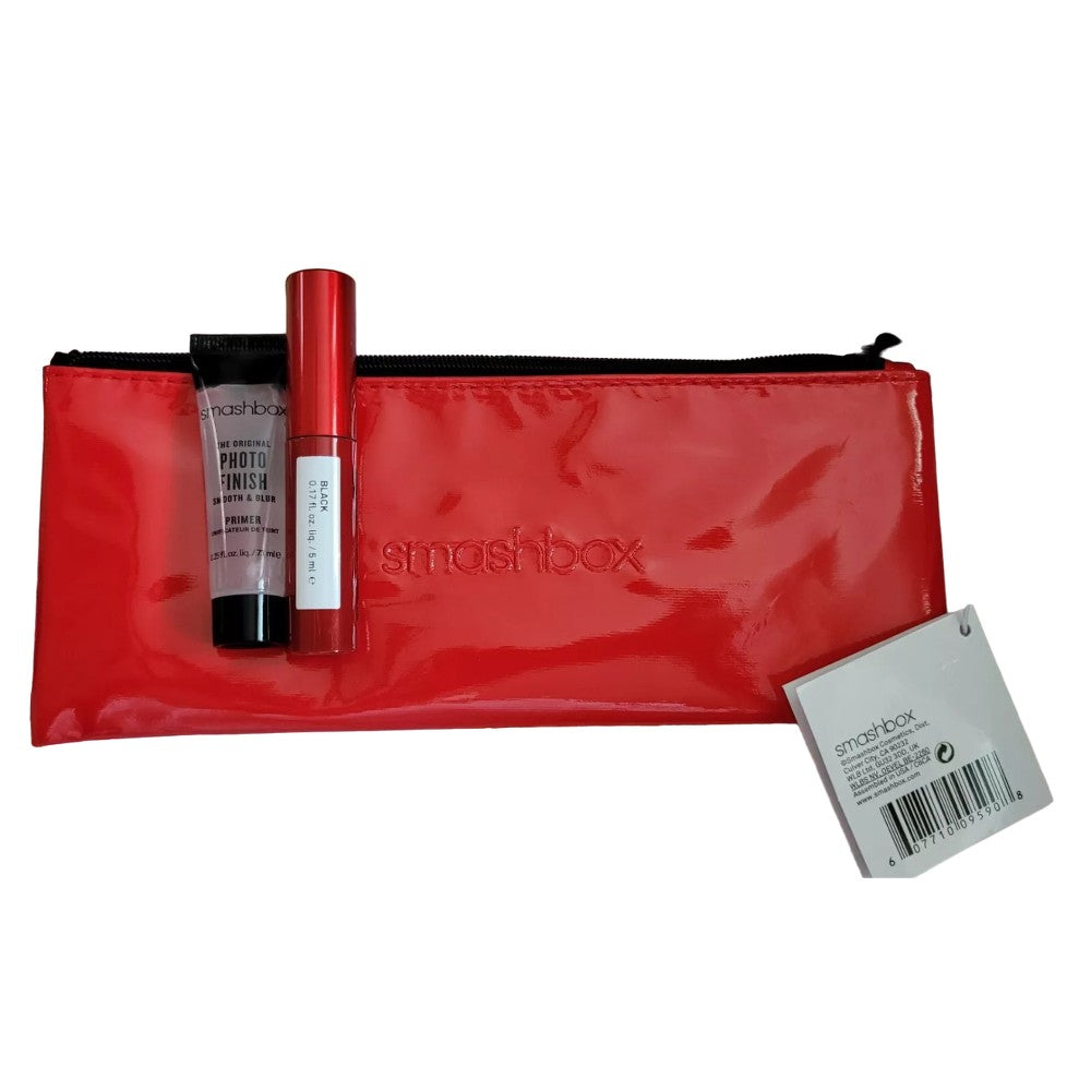 Deluxe-kokeilukokosetti Smashbox: Super Fan Volumizing Mascara Black 5ml + Photo Finish Smoothing Liquid Primer 7,1ml + Red Fabric Pouch