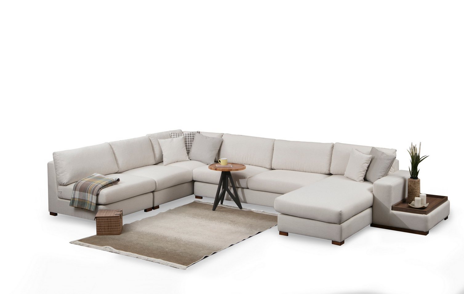 Norda Design elegantti kulmasohva pähkinäpuujaloilla, 272 x 428 cm, 100 % polyesteriä, 5 tyynyä, skandinaavinen muotoilu