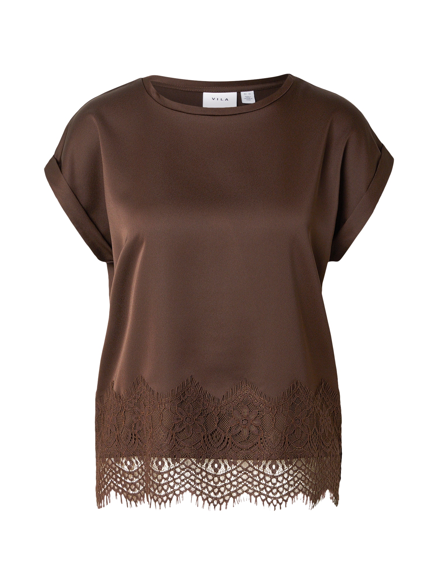 Vila naisten toppi, VIELLETTE S/S FULL SATIN LACE TOP NOOS Coffee Bean