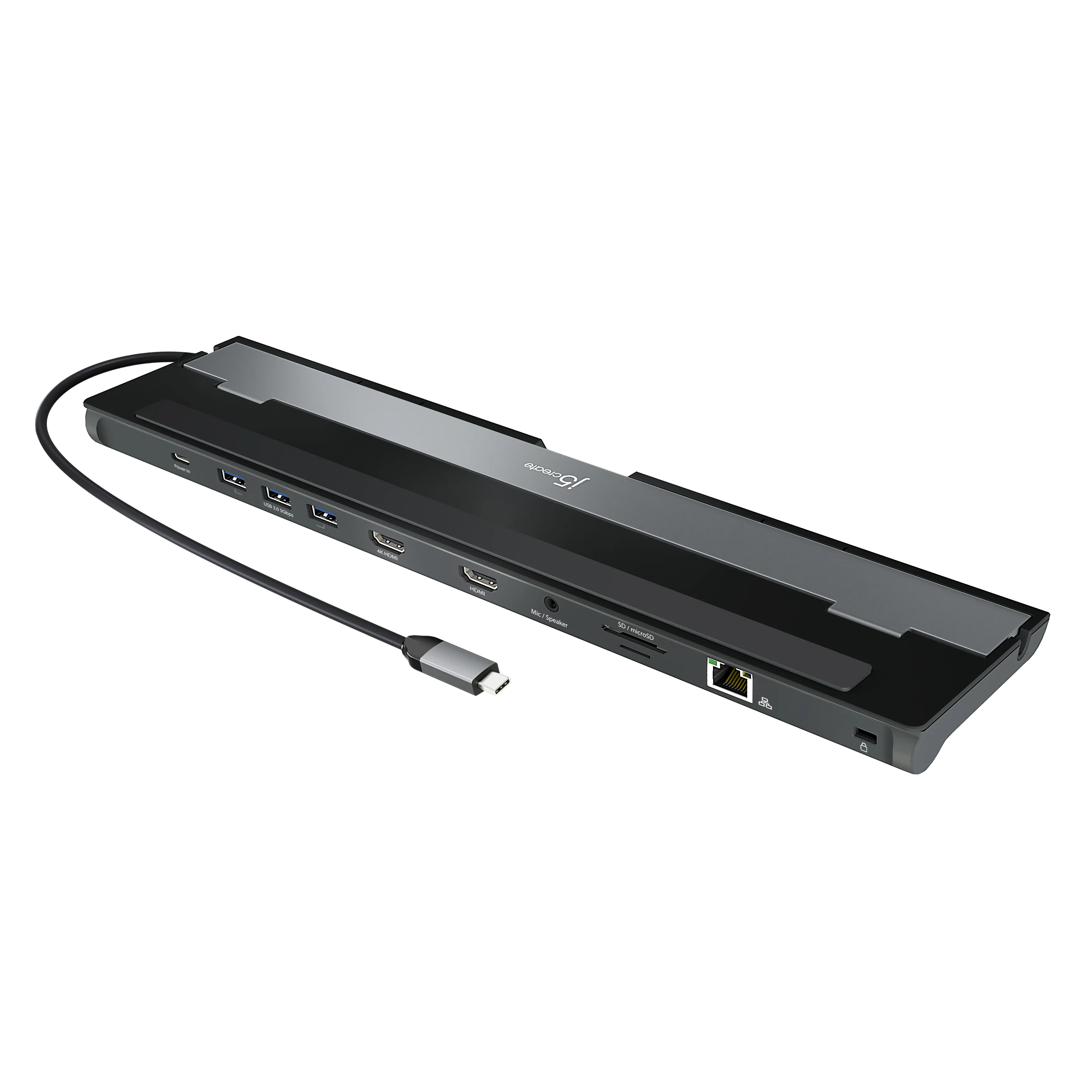 j5create JCD542-N USB-C® telakointiasema med to HDMI™-stik, USB 3.2 Gen 1 (3.1 Gen 1) Type-C, 3,5 mm, HDMI, RJ-45, USB 3.2 Gen 1 (3.1 Gen 1) Type-A, USB 3.2 Gen 1 (3.1 Gen 1) Type-C, MicroSD (TransFlash), SD, 5000 Mbit/s, 30 Hz, 3840 x 2160 pikseliä