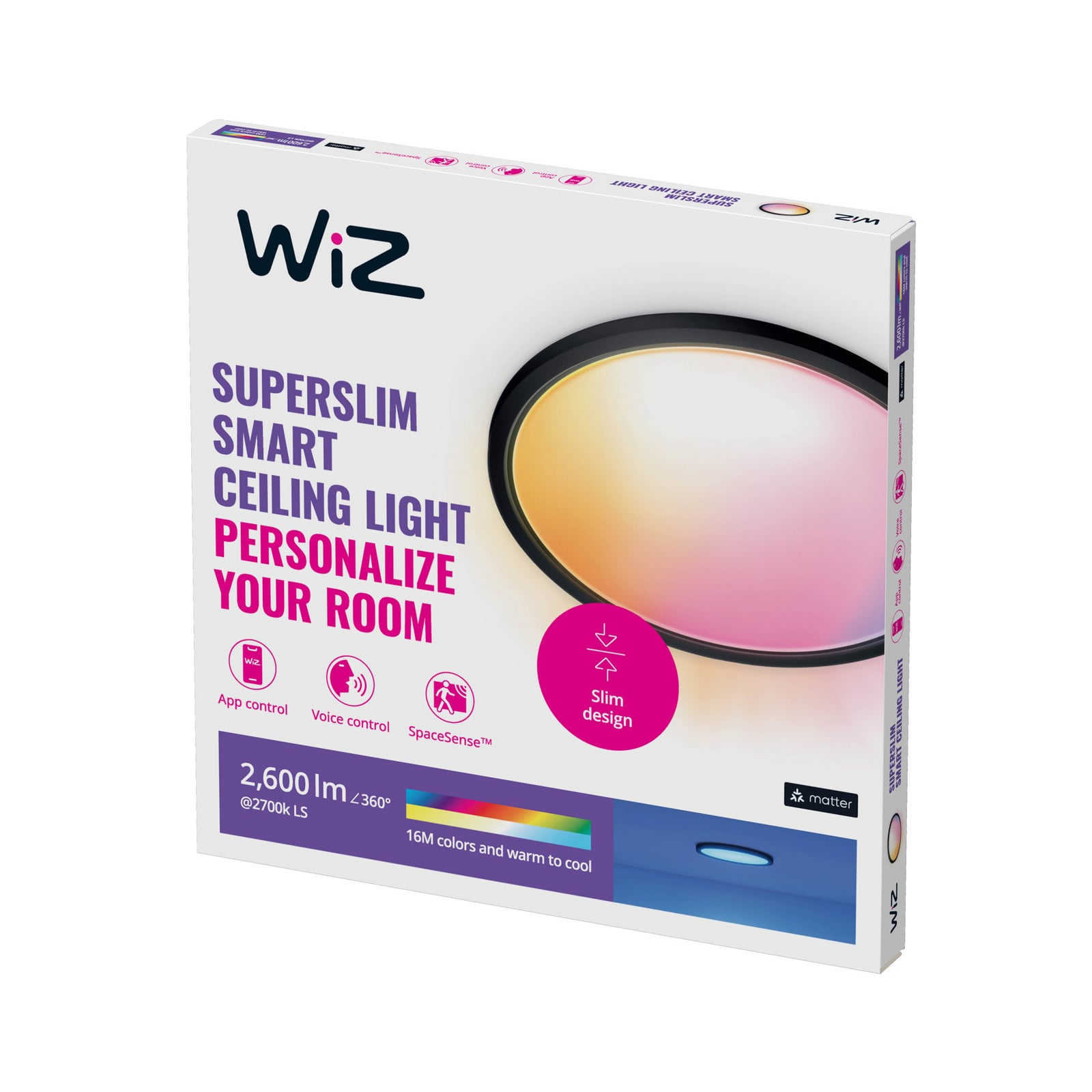 WiZ SuperSlim -kattovalaisin, 22 W, säädettävä valkoinen valo, himmennettävä, erittäin ohut muotoilu, musta
