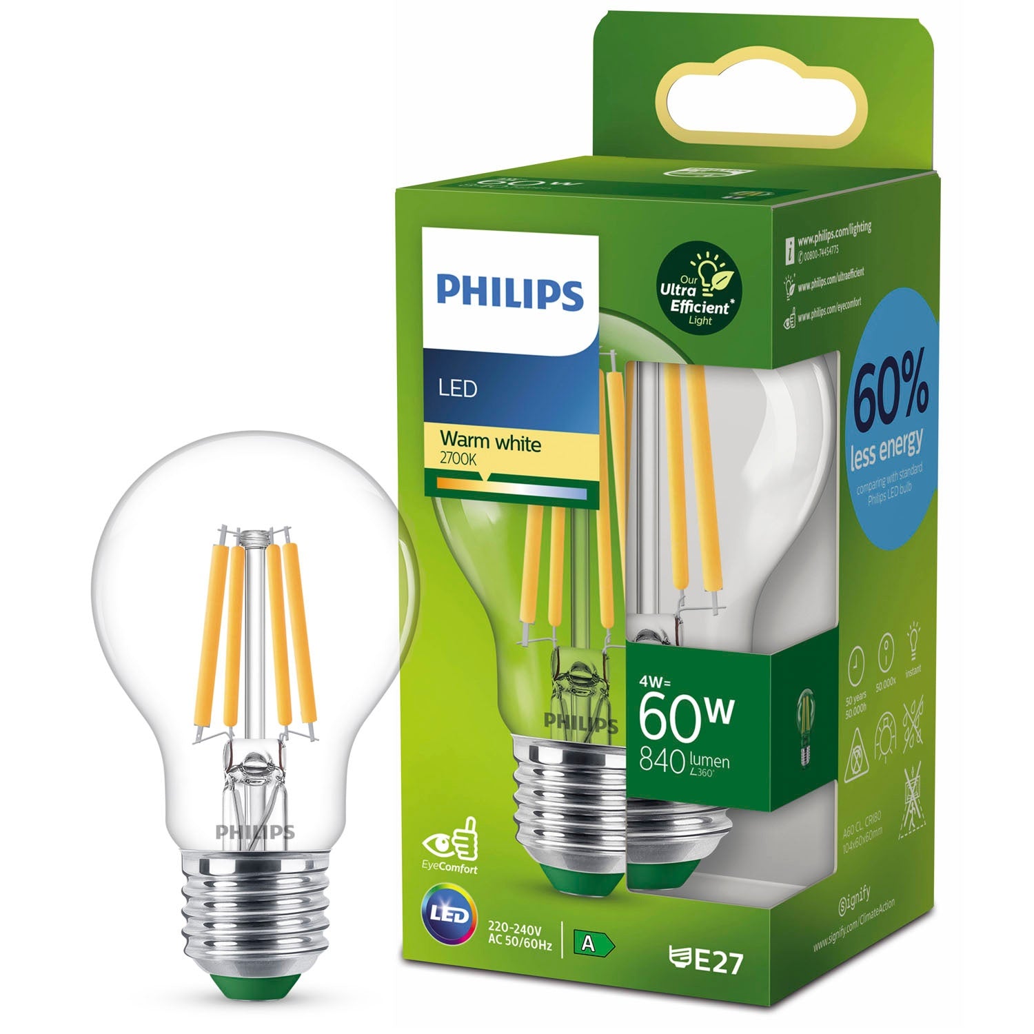 Philips E27-LED-lamppu A60 4W 840lm 2 700K