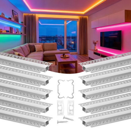 VEVOR Plaster-in LED Aluminum Channel, 10-Pack 6.6 ft/2M, Trimless Recessed Drywall LED Strip Diffuser Channel, with Milky Cover, End Caps and Mounting Clips, Aluminum Profile, for Wall and Ceiling