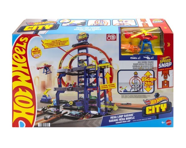 Hot Wheels City Mega Loop Garage -lelupakkaus, jossa 1 metalliauto ja 1 helikopteri 1:64-mittakaavassa, Ajoneuvo ja ratasetti, 4 vuosi/vuosia, Muovi, Monivärinen