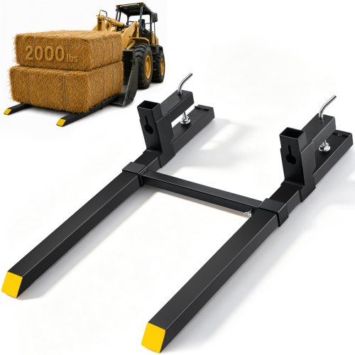 VEVOR Pallet Forks, 907.2 kg Clamp on Pallet Forks, 109.2 cm Total Length Tractor Bucket Forks with Adjustable Stabilizer Bar, Heavy Duty Pallet Forks for Tractor Attachments, Skid Steer, Loader Bucket