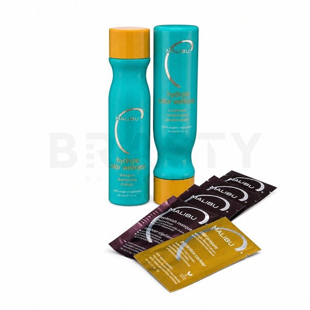 Malibu C Hydrate Color Wellness Collection setti värjätyille hiuksille hoitoaine 266 ml + naamio + esivärjäyshoito 12x5 g + puhdistava shampoo värjäty