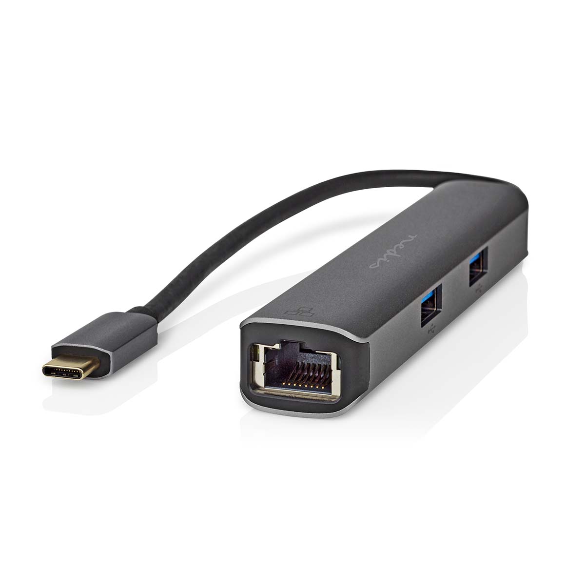 Nedis USB N Moniporttisovitin | 5-in-1 | USB 3.2 Gen 1 | USB-CTM Uros | HDMITM Ulostulo / RJ45 Naaras / 3x USB-A Naaras | 5 Gbps | 0.20 m | Pyöreä | Kullattu | PVC | Antrasiitti | Laatikko