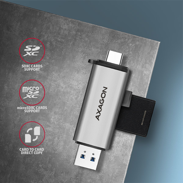 AXAGON CRE-SAC kortinlukija, USB 3.2 Gen1 tyyppi C + tyyppi A, SD, microSD, microSD