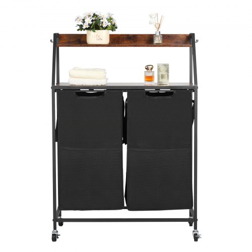 VEVOR 2 Tiers Laundry Sorter, Tall Laundry Hamper with Metal Frame and Wooden Tabletop, 2 Section Rolling Basket Organizer Storage with Ladder Shelves and 600D Oxford Cloth Bags for Dirty Clothes