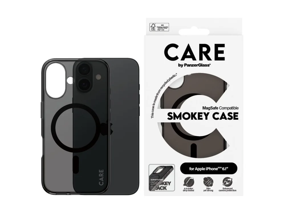PanzerGlass CARE™ by ® Smokey Case w. Black MagSafe iPhone 16, Suojus, Apple, Apple - iPhone 16, Musta