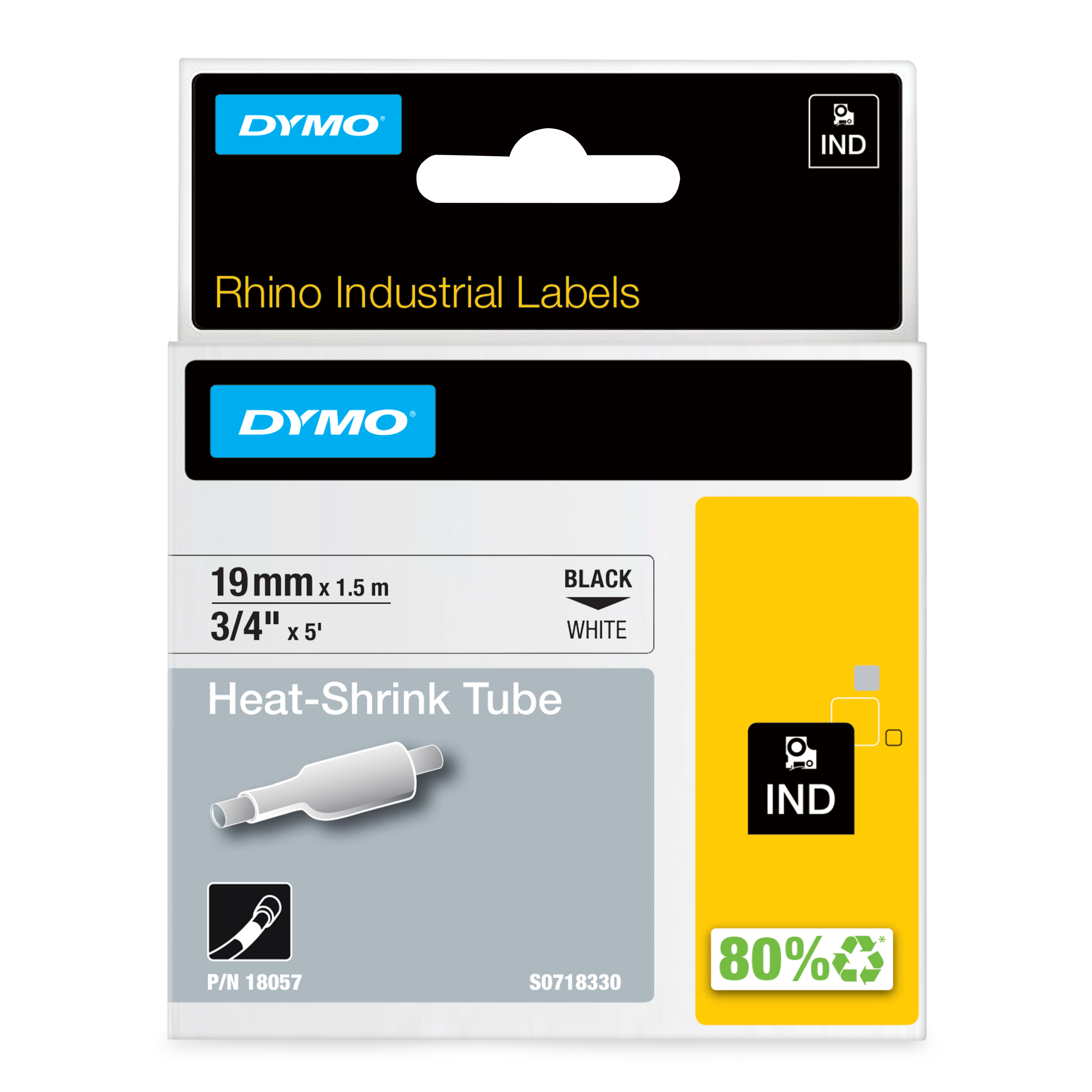 DYMO Rhino kutisteputket, 19 mm x 1,5 m, musta painatus valkoiselle