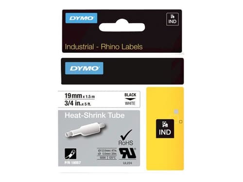 DYMO Rhino kutisteputket, 19 mm x 1,5 m, musta painatus valkoiselle
