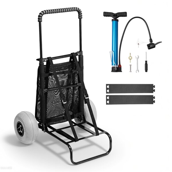 VEVOR Beach Dolly with Big Wheels for Sand, 20.1" x 14.6" Cargo Deck, w/ 9" Balloon Wheels, 165LBS Loading Capacity Folding Sand Cart & 27.2" to 44.9" Adjustable Height, Heavy Duty Cart for Beach