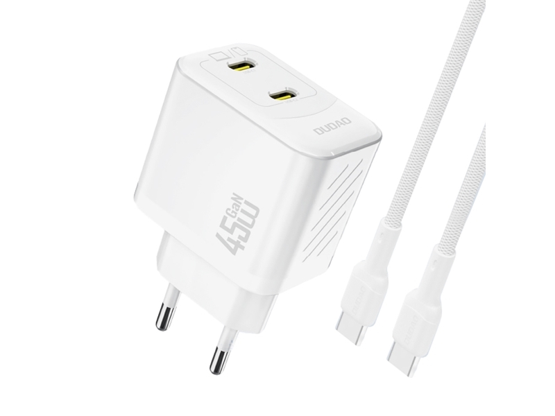 Dudao A28PCEU PD 45W GaN 2xUSB-C Wall Charger with USB-C Cable - White