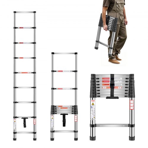 VEVOR Telescoping Ladder, 2540mm Stainless Steel Lightweight Extension Ladder, Multi-Button Retraction Collapsible Ladders, 150 kg Capacity & Non-Slip Feet, Portable 9-Step Ladders for Home RV Loft